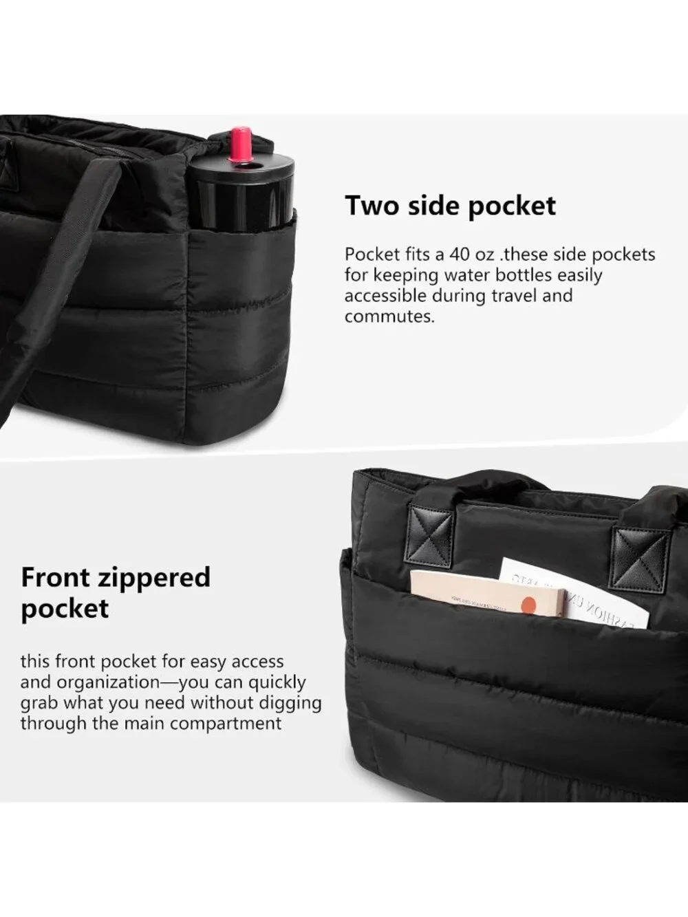 👜Women's Black Set Quilted Puffer Tote Bag Lightweight Work For Travel Handbags